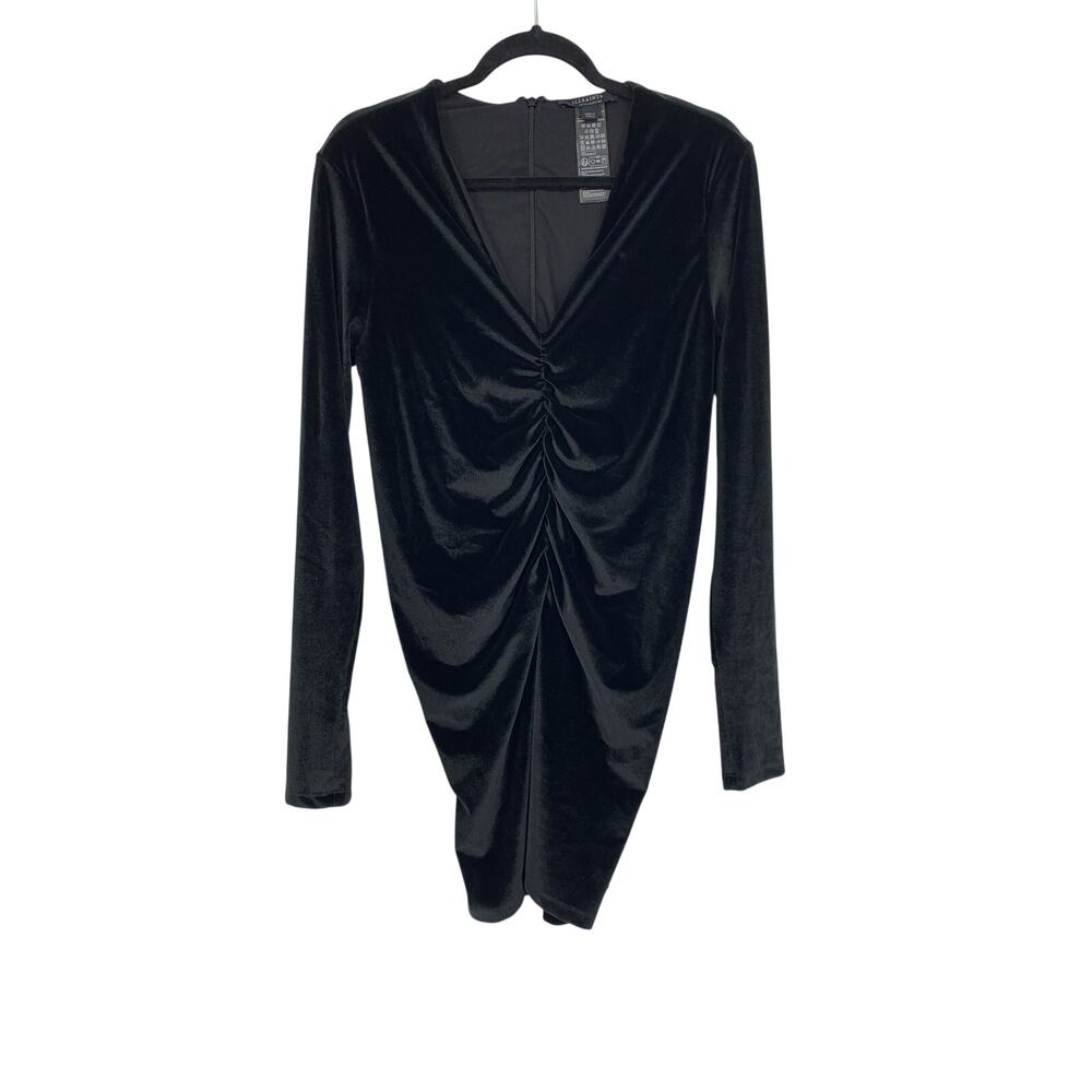 AllSaints Anya Velvet Mini Dress Womens 10 Black Deep V Neck Long Sleeve Ruched